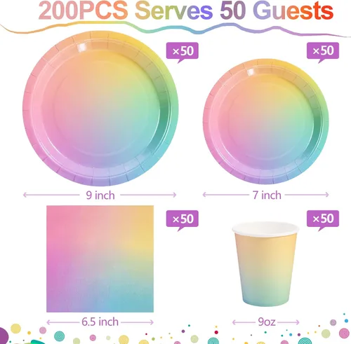 Miniatura 3 de Decoraciones de cumpleaños arcoíris para niñas, platos y servilletas arcoíris pastel, 200 unidades, platos y servilletas de cumpleaños para niñas