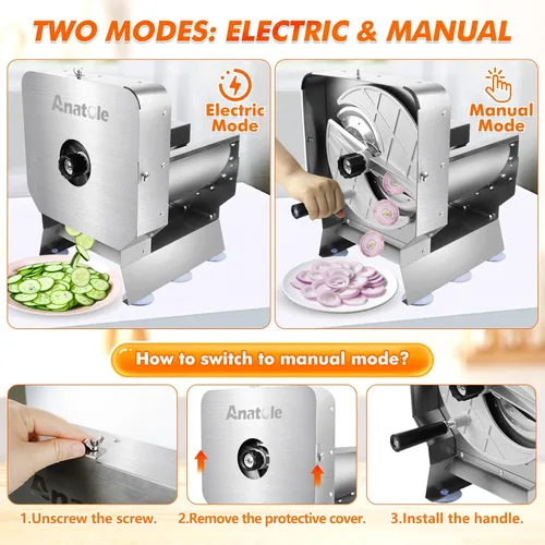 Miniatura 3 de Cortadora de verduras eléctrica Anatole, cortadora comercial de frutas, acero inoxidable, espesor ajustable de 0-0.4'', con modo manual para tomate