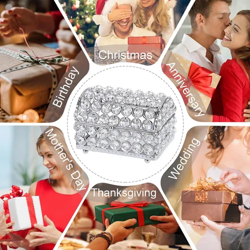 Miniatura 7 de ELLDOO Joyero de cristal, caja organizadora de aretes, anillos, decoración del hogar, caja decorativa con tapa, regalo plateado para San Valentín