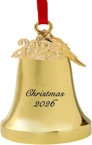 Miniatura 9 de JUPPE It's A Wonderful Life Adorno de campana de Navidad, adorno de campana dorada grabada con ala de ángel y dije 2025 (dorado)
