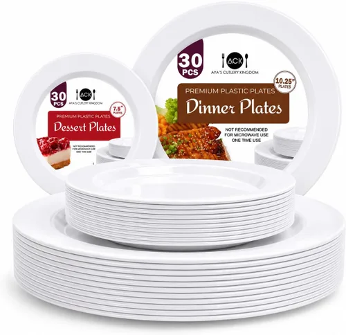 Aya’s 60 Pack de Platos de Plástico para Fiesta - Juego de Platos Desechables Resistente con 30 Platos de Cena y 30 Platos de Ensalada - Platos