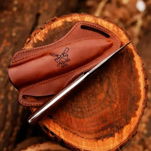 Miniatura 5 de Cuchillo de caza de acero de Damasco de hoja fija con funda de piel, cuchillo de caza de 9 pulgadas con mango entero para despellejar, mango