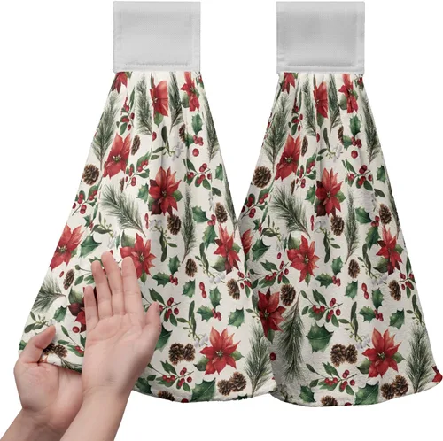 Miniatura 20 de Juego de 2 toallas de cocina colgantes de hojas tropicales de verano, color verde, hojas de palmera, con bucles para colgar, suaves y absorbentes