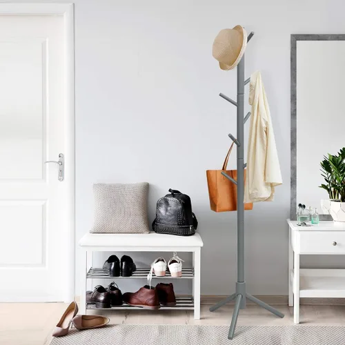 Miniatura 4 de Tangkula Perchero independiente, soporte de madera de goma con 8 ganchos, altura ajustable para entrada, abrigo de árbol, soporte para el hogar, Gris