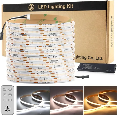 VST Tira de luces LED COB de 16.4 pies CCT 2700K-6500K con certificación UL, luz LED regulable de 24 V CRI 93, 2400 LED súper brillante cinta de