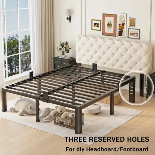 Miniatura 4 de Marco de cama de tamaño matrimonial con patas de esquinas redondas y agujeros para cabecero con tope para colchón de 14 pulgadas, plataforma