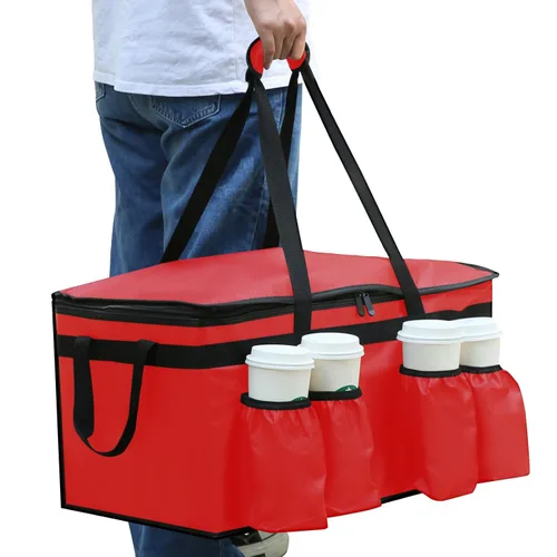 Miniatura 3 de musbus Bolsa aislada para entrega de alimentos con portavasos/portadores de bebidas Premium XXL, ideal para bebidas, comestibles, pizza, calidad Rojo