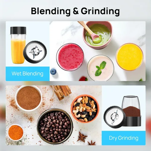 Miniatura 4 de Consciot CB08 Combo de licuadora y molinillo de 16 piezas para cocina y tamaño personal, mezcla batidos y licuados, bebidas congeladas, comida
