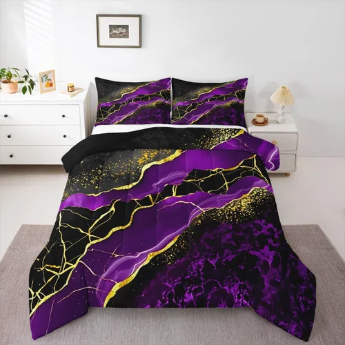 Miniatura 19 de Juego de edredón de mármol negro individual, ropa de cama dorada agrietada para adultos, hombres y mujeres, juegos de edredón de textura metálica