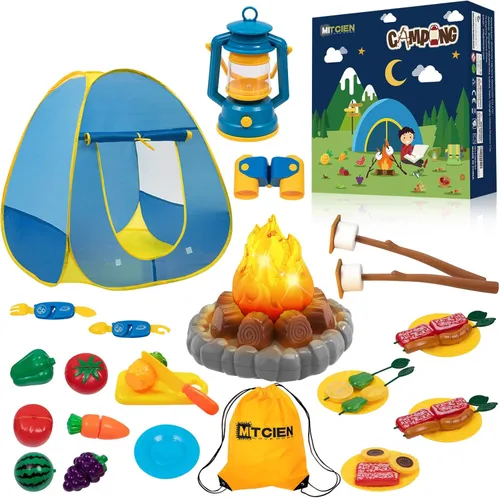 Tienda de campaña para niños y niñas con fogata de juguete, malvavisco, juguetes de frutas, juego de tienda para niños y niñas