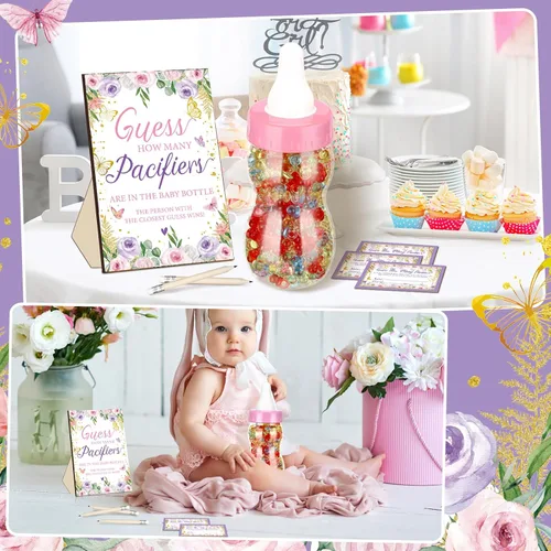 Miniatura 6 de Syhood Butterfly Baby Shower Games Guess How Many Chupetes Cartel de juego 50 pequeños juegos de adivinanzas, 20 lápices HB, botella de leche