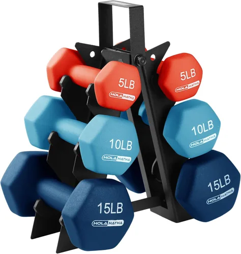 HolaHatha Neoprene Dumbbell Weights Set w/Rack, Home Gym Equipment - Portable Weighted Exercise Dumbbells for Fitness, Training, and Lifting