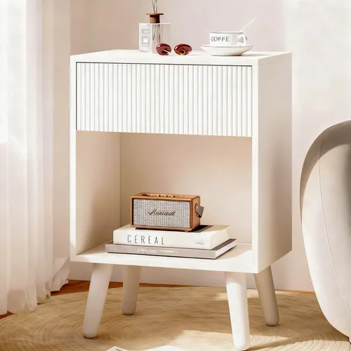 Miniatura 10 de Mesita de noche, mesa auxiliar moderna con cajones de almacenamiento y estante de madera abierto, mesita de noche con patas de madera maciza, mesas