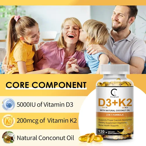Miniatura 5 de Suplemento de Vitamina D3 K2 con Vitamina D3 5000 UI, 200 mcg de Vitamina K2 MK-7 y Aceite de Coco Natural, Fórmula 2-1 a Base de Plantas