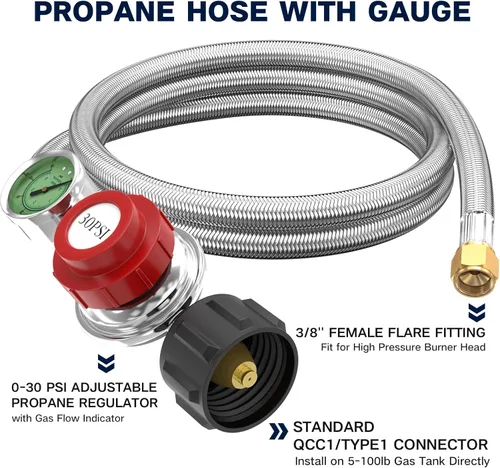 Miniatura 3 de Regulador de propano de alta presión ajustable de 5 pies 0-30 PSI con medidor, indicador de flujo de gas de 0~60 PSI, manguera de propano de acero