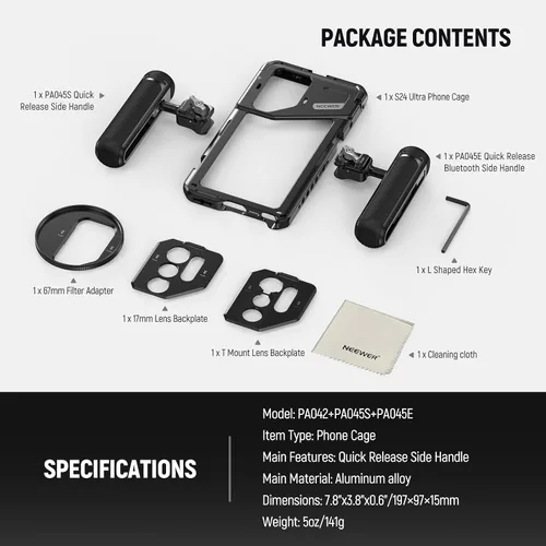 Miniatura 9 de NEEWER PA042 S24 Ultra Phone Cage Video Rig Estabilizador con PA045S Manija Lateral de Liberación Rápida, PA045E Manija de Obturador Bluetooth