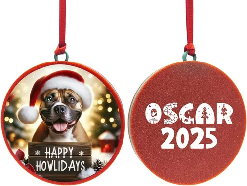 Adorno navideño festivo personalizado de razas de perros 2025 – Impresión 3D – Adorable American Bully con gorro de Santa, decoración navideña lista