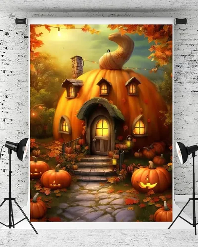 Kate Telón de fondo de fotografía de Halloween para fiesta de niños, lindo fondo de casa de calabaza, accesorios de estudio fotográfico (6.5 x 10
