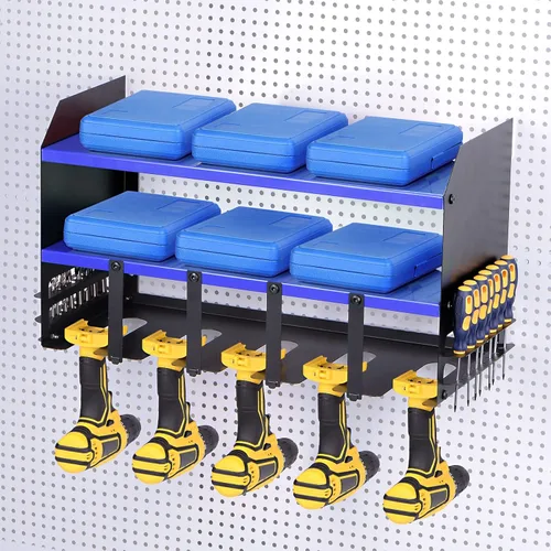 HARFINGTON Organizador de herramientas eléctricas de 3 capas, 5 estantes de almacenamiento de taladros, estilo de montaje en pared, estante de