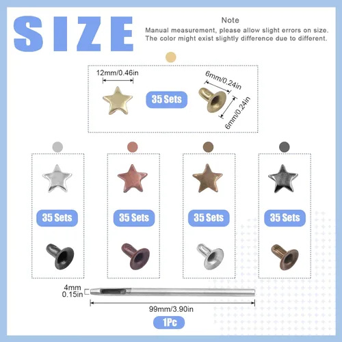 Miniatura 2 de Glarks Juego de 176 remaches de estrella de metal de 0.472 x 0.236 in, 5 colores para uñas, remaches de cuero, tachuelas y pinchos Rock Biker Punk