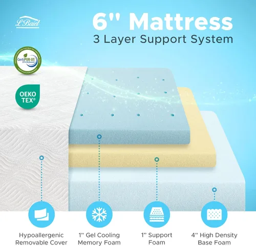 Miniatura 2 de L'Baiet Colchón de espuma viscoelástica de gel Twin de 6 pulgadas, cama refrescante de firmeza media en una caja, certificado CertiPUR-US