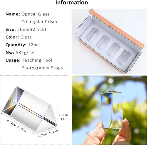 Miniatura 2 de QFkris Prismas triangulares de vidrio óptico, 12 piezas, 1.969 in/2 pulgadas de cristal equilátero, juego de prismas para enseñar fotografía
