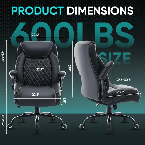 Miniatura 2 de Silla de oficina grande y alta de 600 libras, escritorio ejecutivo ergonómico resistente con reposabrazos ajustables, asiento ancho, tela de piel