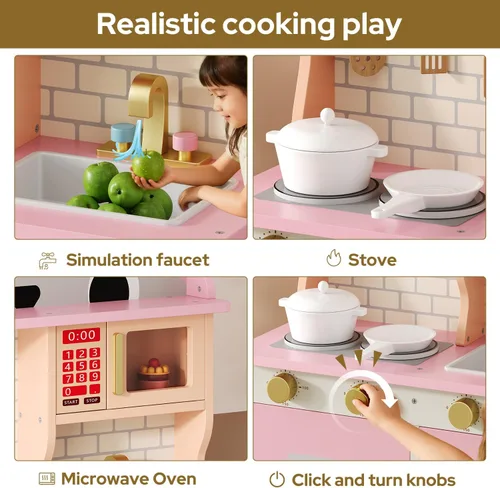 Miniatura 4 de knoworld Cocina de madera de juguete para niños de 3 a 8 años, juego de cocina con diseño de gato con microondas, estufa, fregadero, perillas