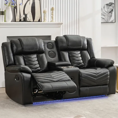 Sofá reclinable manual con altavoces de graves para sala de estar, sofá biplaza reclinable eléctrico de cuero con luces LED, reclinables dobles, 2