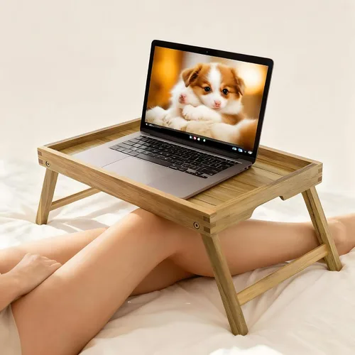 Miniatura 8 de VaeFae Bandeja de mesa de cama de acacia, bandeja de desayuno de madera con patas plegables, bandeja de cama para comer y computadora portátil