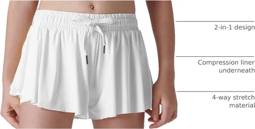 Miniatura 64 de Paquete de 3 pantalones cortos fluidos para niñas con forro de elastano, 2 en 1, faldas de mariposa para jóvenes, para fitness, correr, deportes