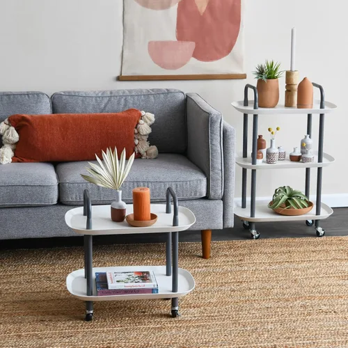 Miniatura 2 de Main + Mesa Carrito moderno de plástico y metal de 3 niveles, blanco y gris oscuro