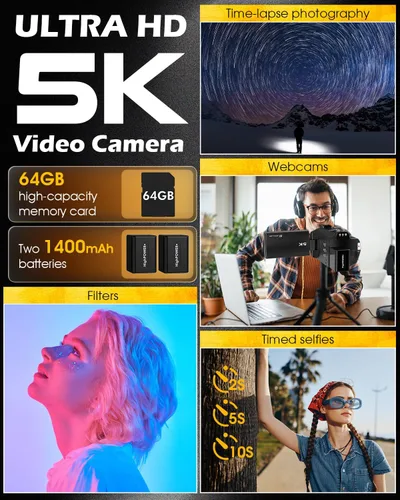 Miniatura 7 de Videocámara de cámara de video 5K, cámara de vlogging WiFi de 64 MP para YouTube con zoom óptico 8X, pantalla táctil IPS de 3.5 pulgadas, visión