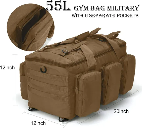 Miniatura 4 de 3 en 1 bolsa de lona militar 50L bolsa de gimnasio para hombres convertible mochila de fin de semana para deportes viajes baloncesto, 115L-Caqui