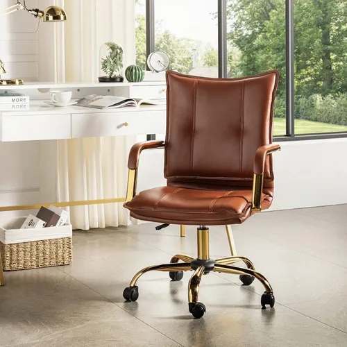 HULALA HOME Silla de escritorio de piel sintética para oficina en casa, silla giratoria ajustable para computadora con patas y brazos dorados, Patas