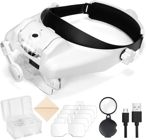 COYLAPY Lupa con luz – 1X a 14X lupa para trabajo cercano, auriculares de lupa ajustable Jewelers con lente 1x, 1.5X, 2X, 2.5X, 3.5X para Blanco
