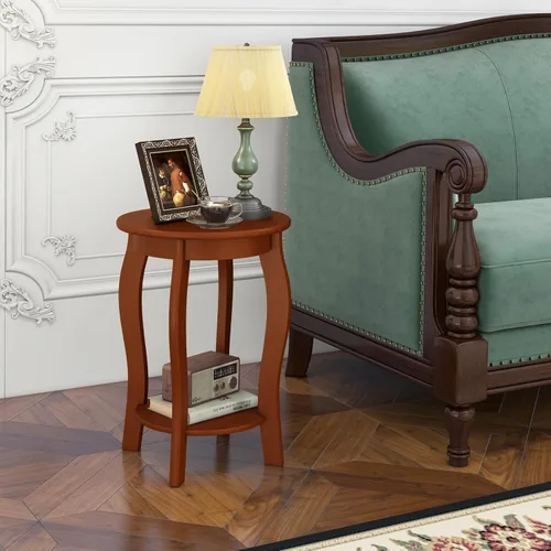 Miniatura 8 de Giantex Mesa auxiliar redonda, mesa auxiliar de madera con estante de almacenamiento, mesita de noche pequeña con patas de madera maciza, mesa Nogal