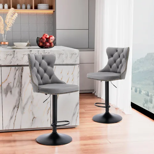 Miniatura 87 de Aoowow Juego de 2 taburetes de bar giratorios, taburetes de bar ajustables con respaldo de terciopelo copetudo, sillas de bar modernas tapizadas