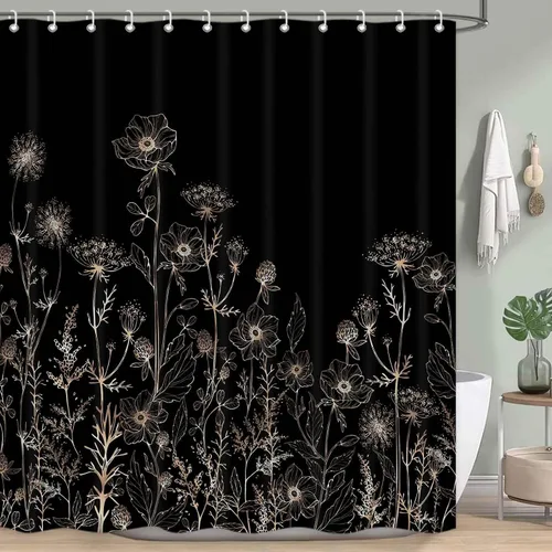 Juego de cortinas de ducha vintage bohemias de 72 x 72 pulgadas, color negro, tostado, crema, floral, estética, diseño botánico de flores silvestres