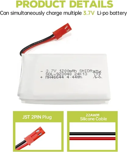 Miniatura 3 de Batería Lipo de 3.7 V 1200 mAh 25C con cable de carga USB con enchufe JST para MJX T04 T05 T25 V2400HD V2450FPV V2450GPS X900 X9TW RC Quadcopter
