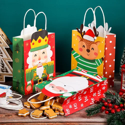 Miniatura 3 de Funrous - 18 paquetes de 36 bolsas de regalo de Navidad - 6 diseños - bolsas de papel kraft de Navidad - regalos de Navidad con asas para aperitivos
