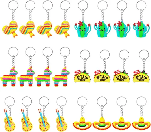 CiciBear Paquete de 24 llaveros de regreso de fiesta mexicana con piñata, sombrero, cactus, taco, guitarra y maraca para fiesta mexicana, fiesta de