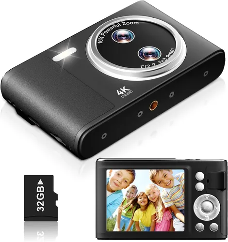 Cámara digital, 48MP FHD 1080P cámara de apuntar y disparar con zoom de 16x, cámara portátil compacta antivibración para fotografía con tarjeta de