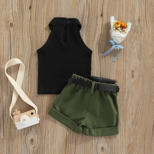 Miniatura 83 de TheFound Trajes de verano para niñas pequeñas, sin mangas, de punto acanalado, halter, pantalones cortos, ropa para recién nacidos, conjunto de 3
