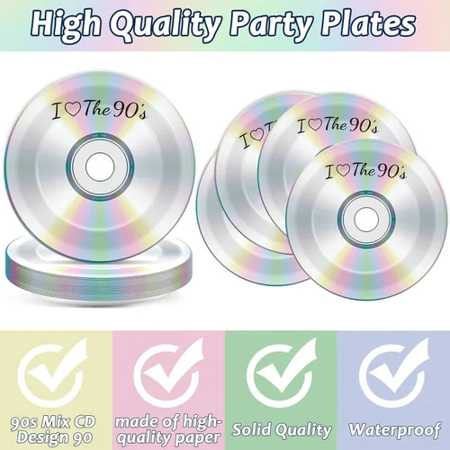 Miniatura 3 de 50 piezas de platos y servilletas de papel para fiesta de los 90 CD mix de los 90 platos de postre para fiesta temática de los 90 decoración retro