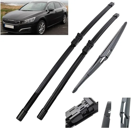 Juego de 3 limpiaparabrisas delantero y trasero compatible con Peugeot 508 SW MK1 2010-2018 26 + 12 pulgadas