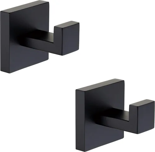 Paquete de 2 ganchos para toallas de baño color negro mate, acero inoxidable, cuadrado, para toalla, abrigo, montaje en pared, inodoro, cocina,