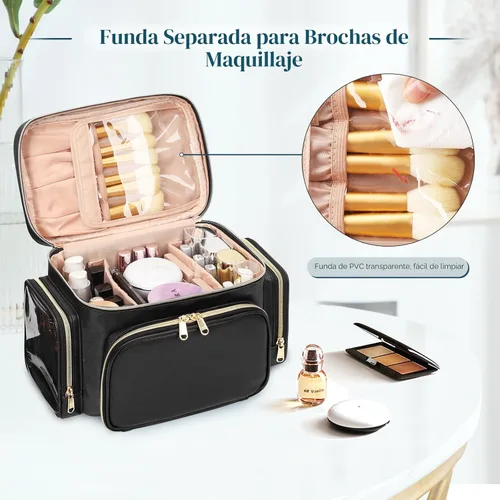 Miniatura 3 de Bagmoly Bolsa de maquillaje grande, organizador portátil de maquillaje para mujeres y niñas con compartimento para brochas de maquillaje y dos