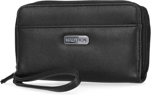 Nautica On The Double Zip Around - Cartera de embrague de piel vegana para mujer con correa de muñeca, Negro -, Compacto