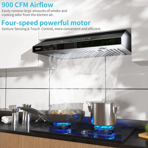 Miniatura 3 de IKTCH campana extractora de 30 pulgadas para debajo del gabinete, 900 CFM, ventilador de 4 velocidades, acero inoxidable negro y vidrio templado